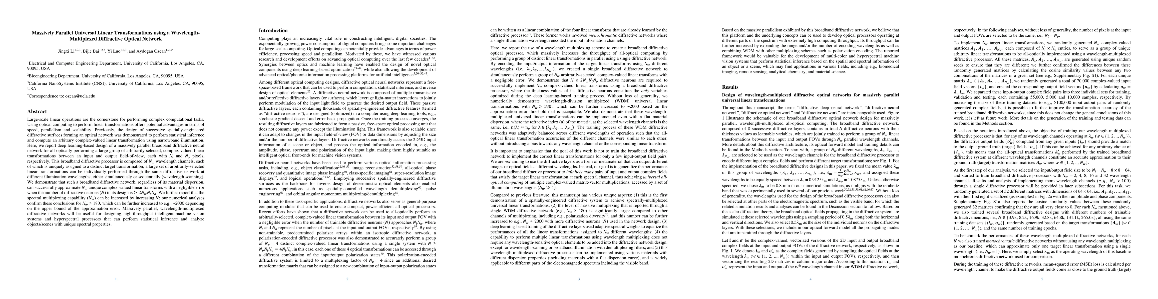 Thumbnail for Massively Parallel Universal Linear Transformations using a
  Wavelength-Multiplexed Diffractive Optical Network