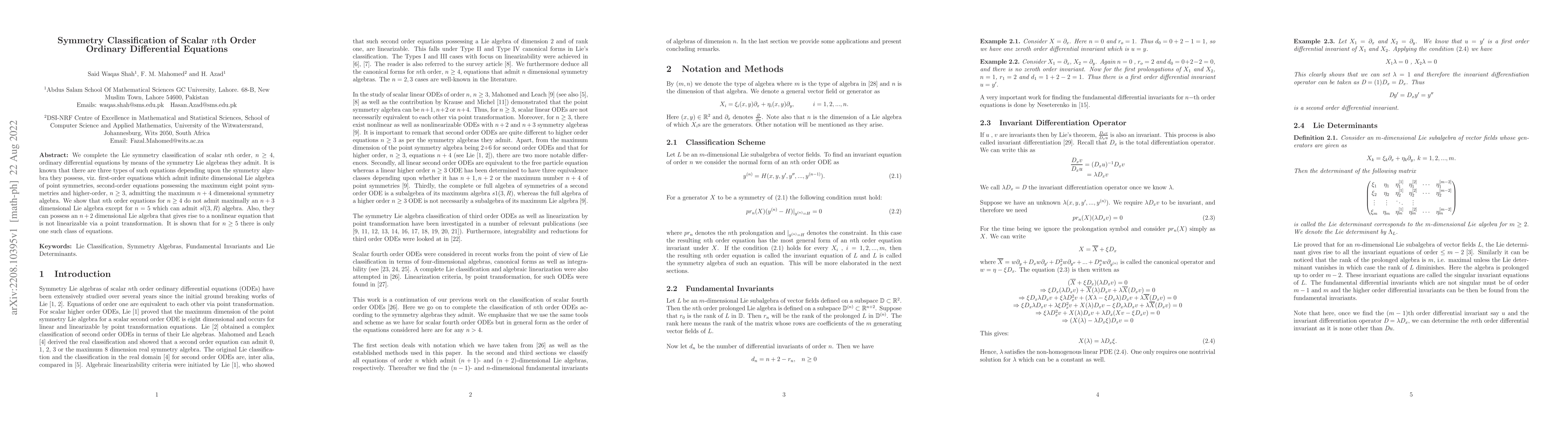 Thumbnail for Symmetry Classification of Scalar $n$th Order Ordinary Differential
  Equations
