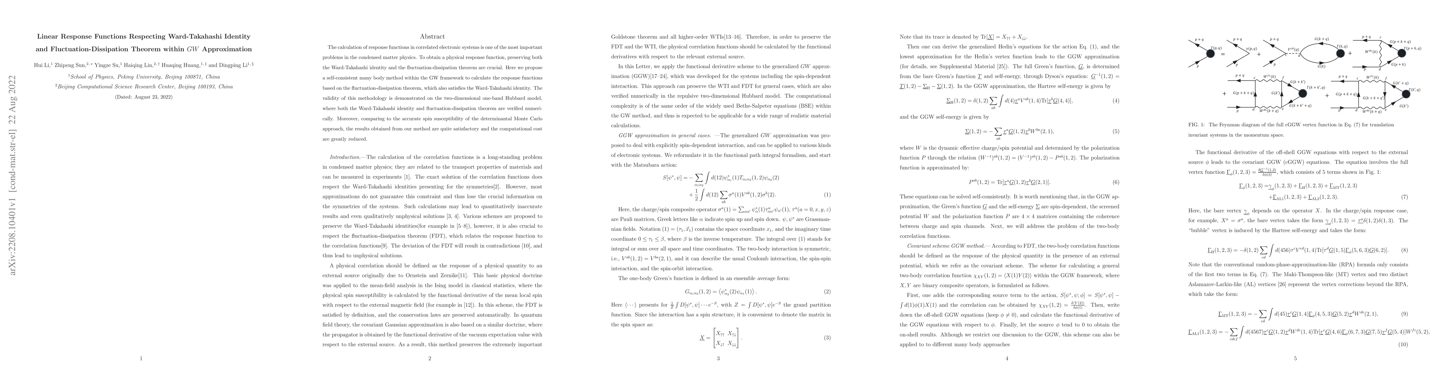 Thumbnail for Linear Response Functions Respecting Ward-Takahashi Identity and
  Fluctuation-Dissipation Theorem within $GW$ Approximation