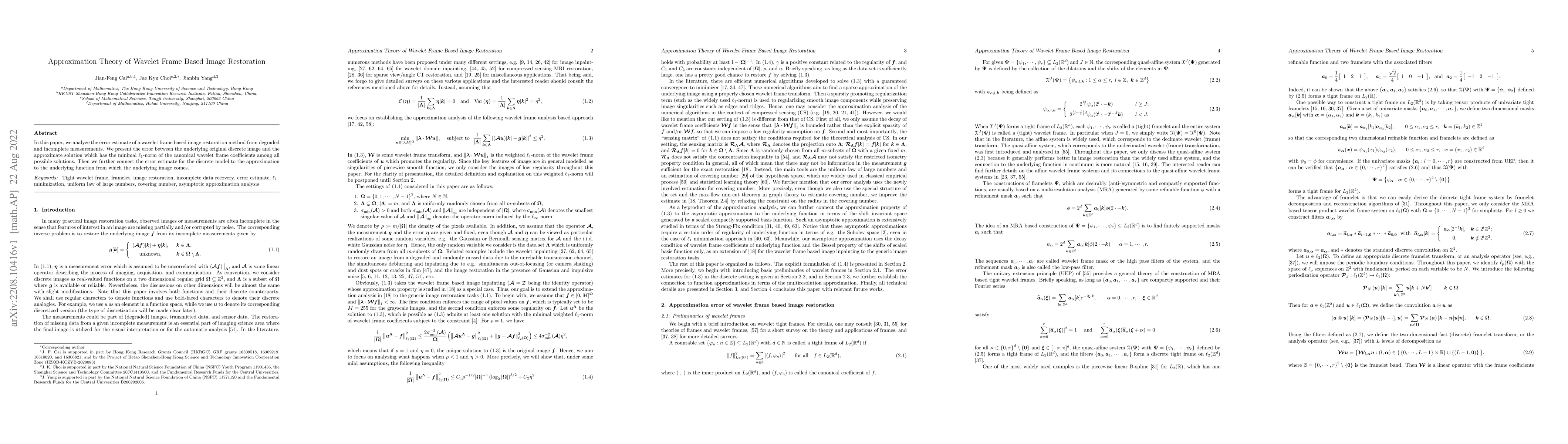 Thumbnail for Approximation Theory of Wavelet Frame Based Image Restoration
