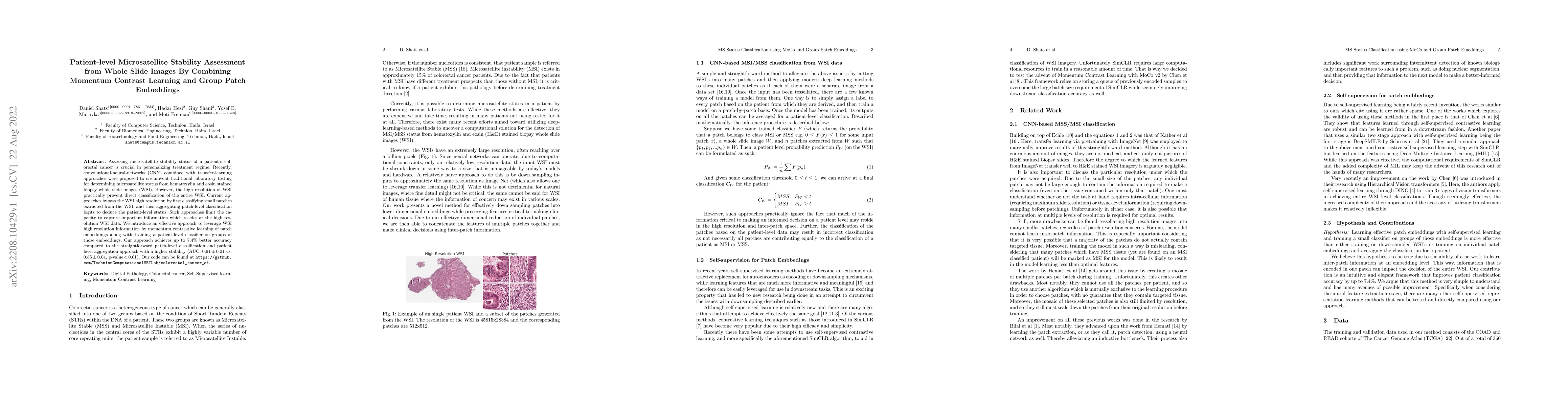 Thumbnail for Patient-level Microsatellite Stability Assessment from Whole Slide
  Images By Combining Momentum Contrast Learning and Group Patch Embeddings