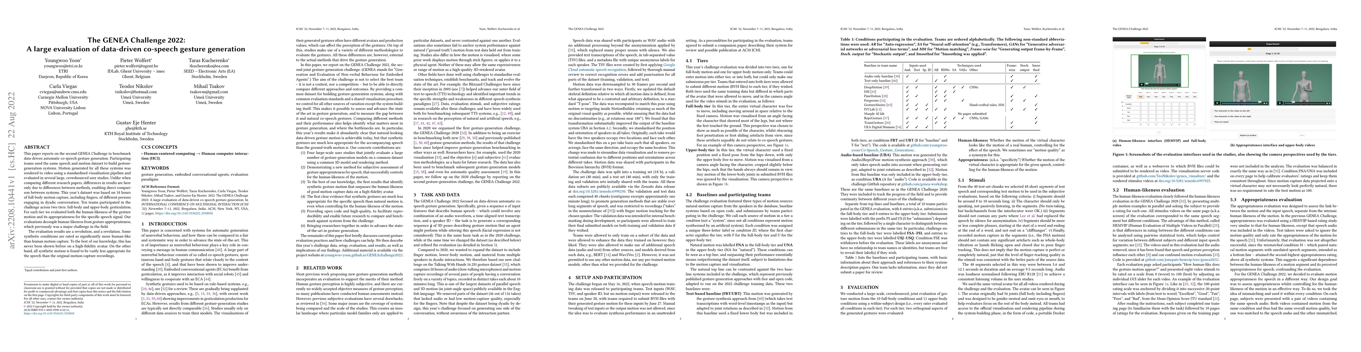 Thumbnail for The GENEA Challenge 2022: A large evaluation of data-driven co-speech
  gesture generation