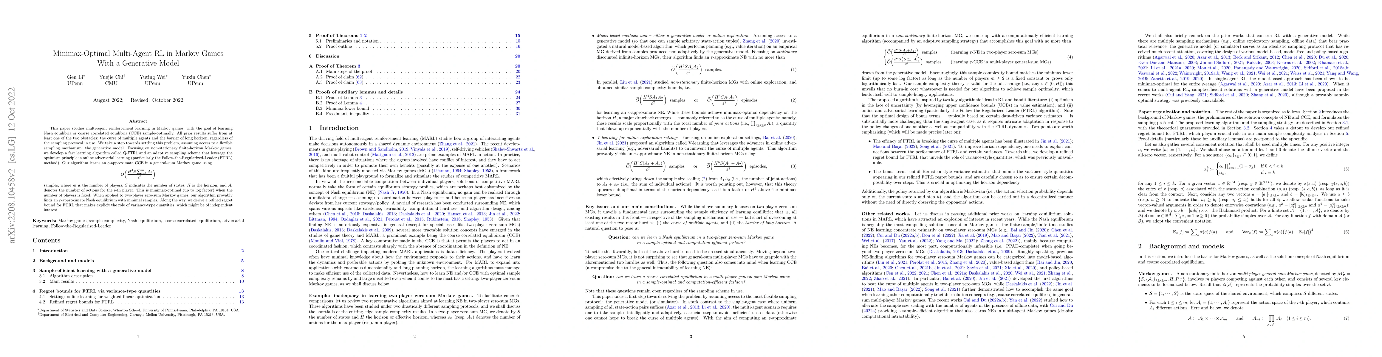 Thumbnail for Minimax-Optimal Multi-Agent RL in Markov Games With a Generative Model
