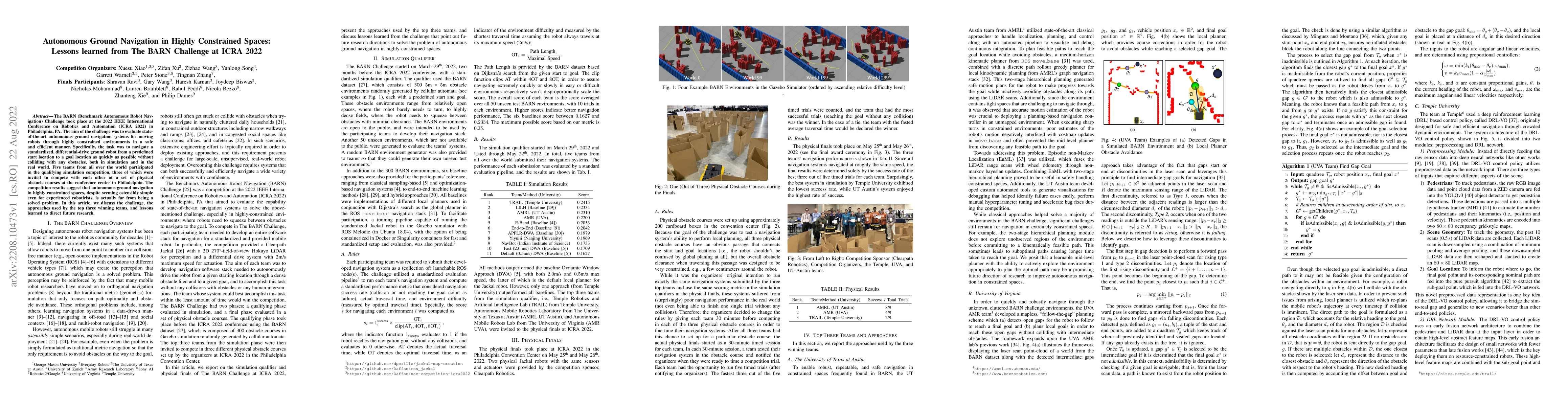 Thumbnail for Autonomous Ground Navigation in Highly Constrained Spaces: Lessons
  learned from The BARN Challenge at ICRA 2022