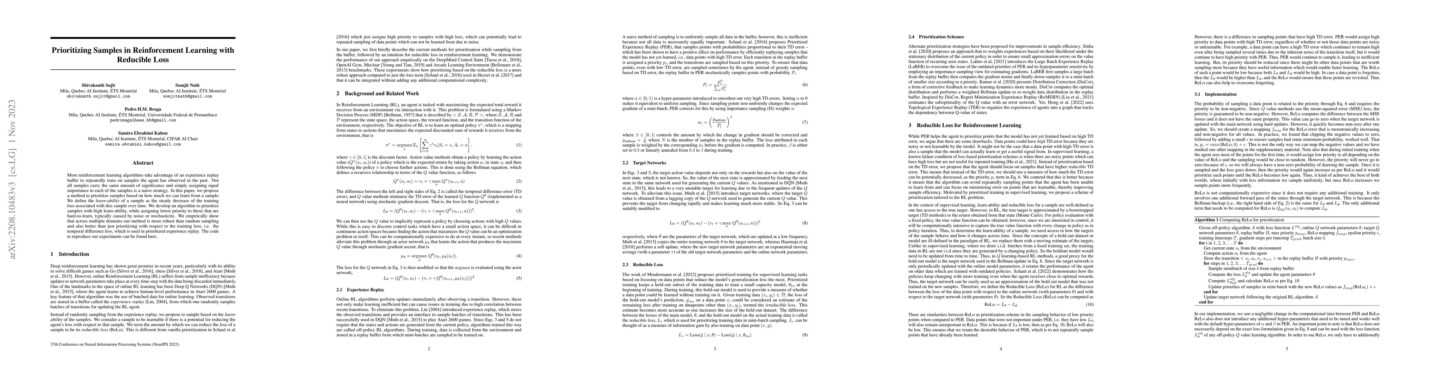 Thumbnail for Prioritizing Samples in Reinforcement Learning with Reducible Loss