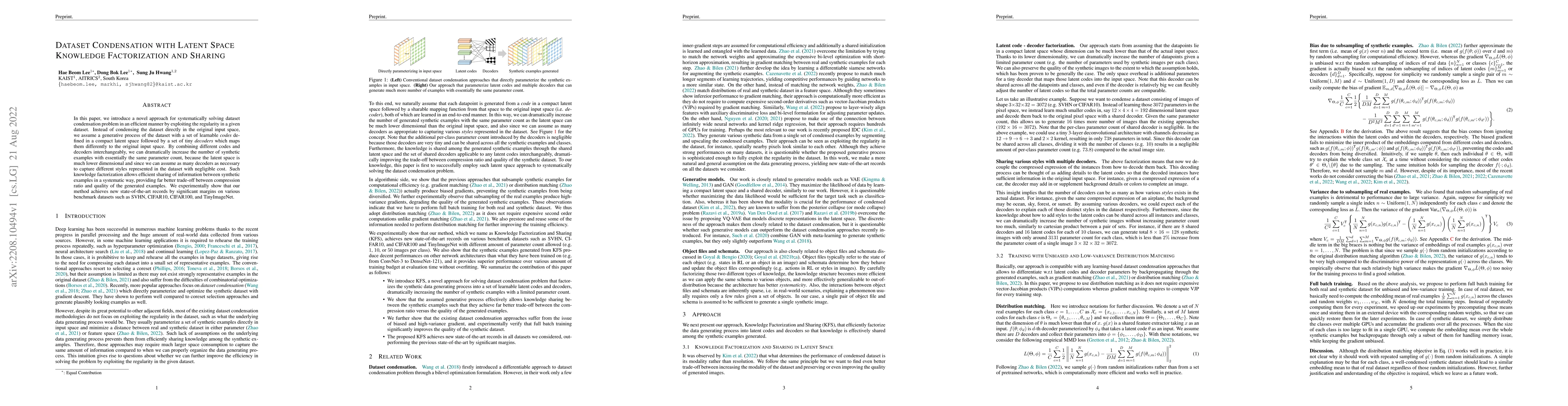 Thumbnail for Dataset Condensation with Latent Space Knowledge Factorization and
  Sharing