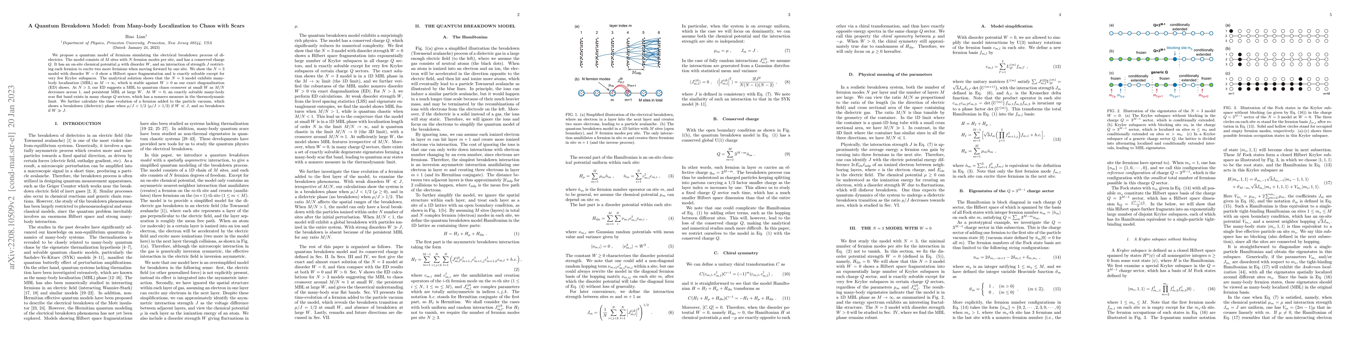 Thumbnail for A Quantum Breakdown Model: from Many-body Localization to Chaos with
  Scars