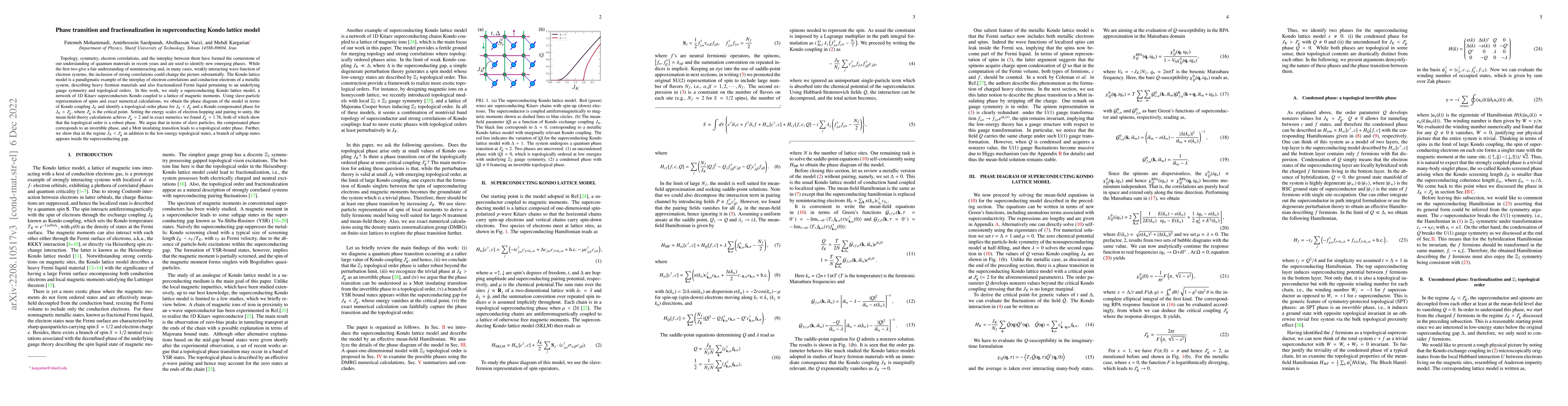 Thumbnail for Phase transition and fractionalization in superconducting Kondo lattice
  model