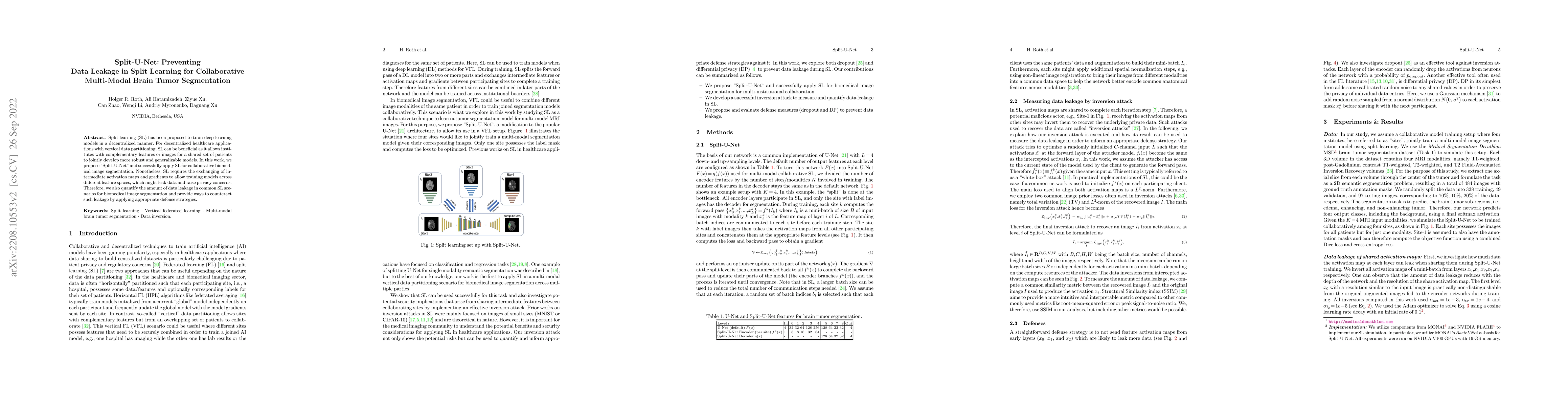 Thumbnail for Split-U-Net: Preventing Data Leakage in Split Learning for Collaborative
  Multi-Modal Brain Tumor Segmentation