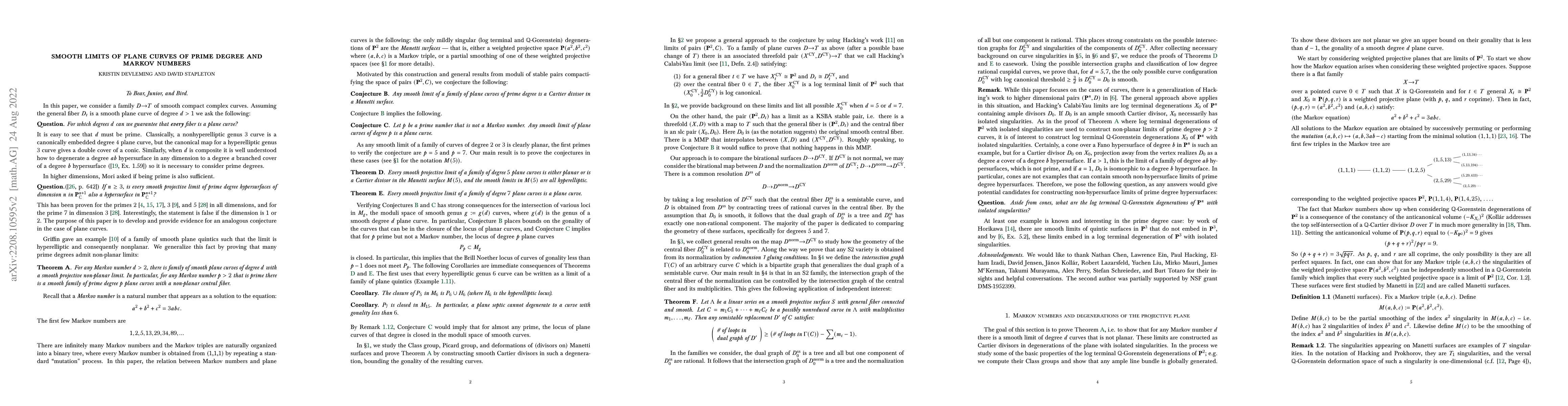 Thumbnail for Smooth limits of plane curves of prime degree and Markov numbers