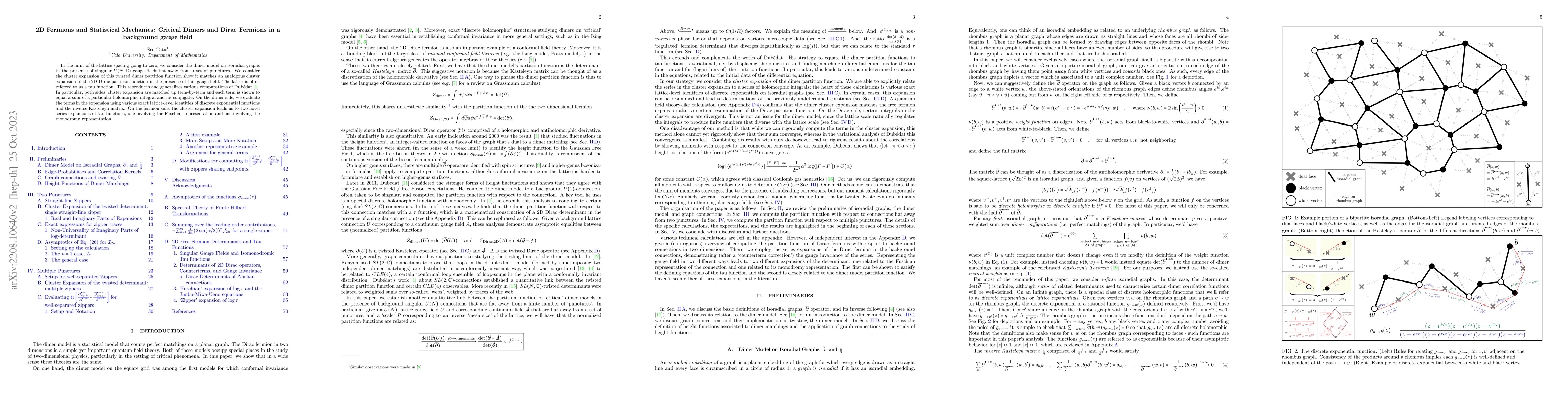 Thumbnail for 2D Fermions and Statistical Mechanics: Critical Dimers and Dirac
  Fermions in a background gauge field