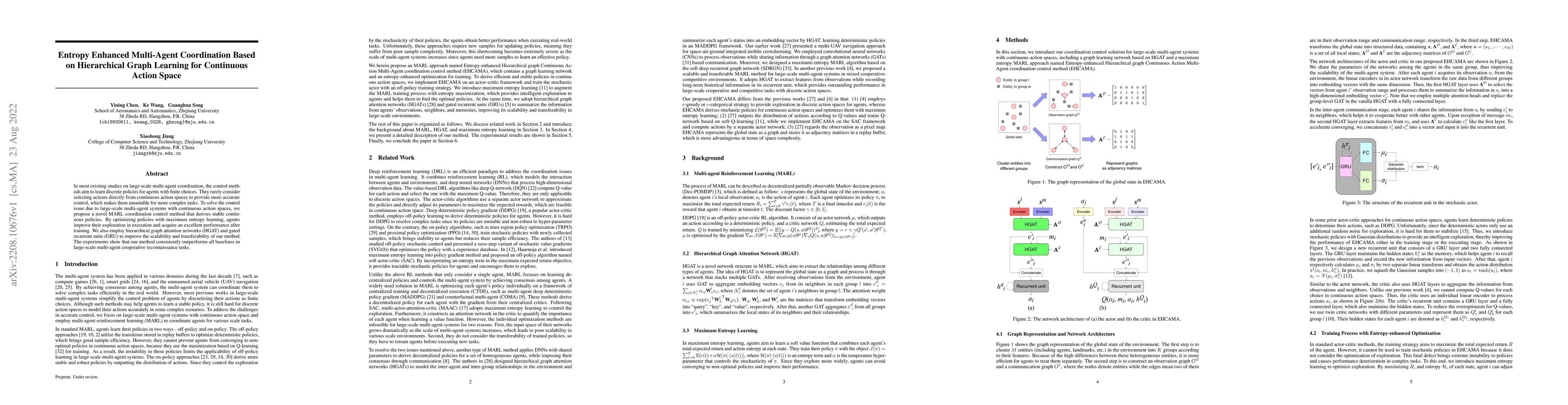 Thumbnail for Entropy Enhanced Multi-Agent Coordination Based on Hierarchical Graph
  Learning for Continuous Action Space