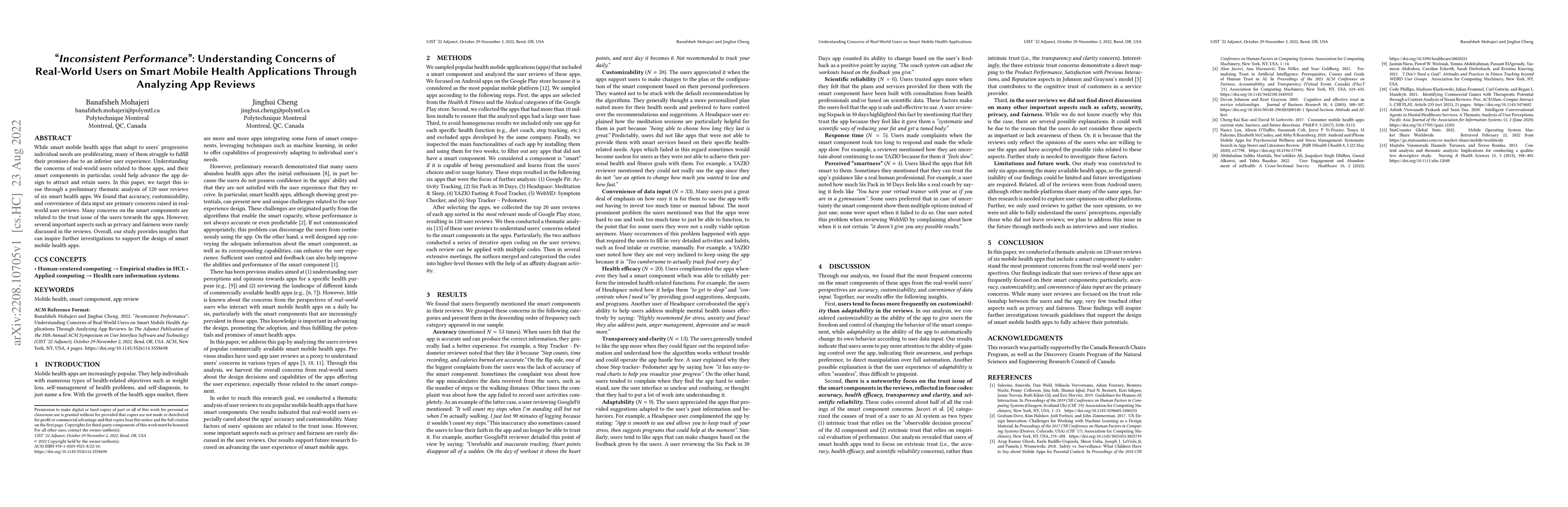 Thumbnail for "Inconsistent Performance": Understanding Concerns of Real-World Users
  on Smart Mobile Health Applications Through Analyzing App Reviews