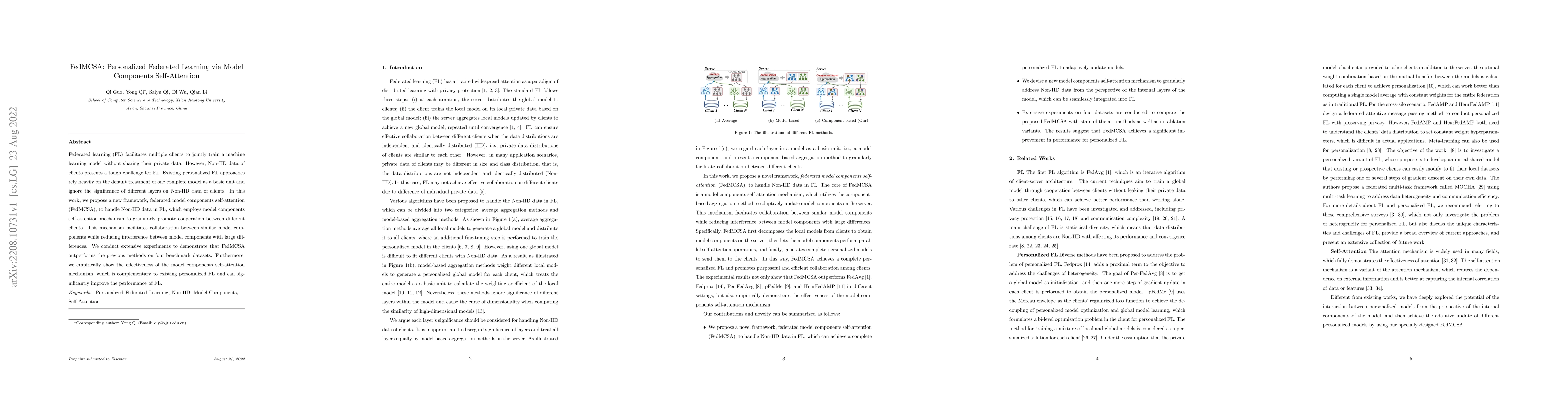 Thumbnail for FedMCSA: Personalized Federated Learning via Model Components
  Self-Attention