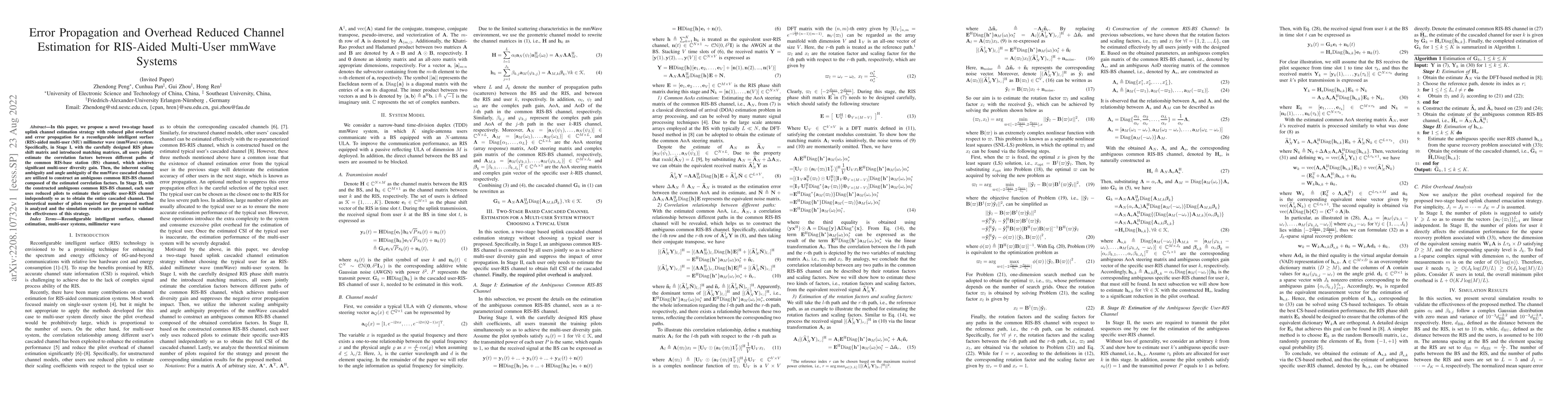 Thumbnail for Error Propagation and Overhead Reduced Channel Estimation for RIS-Aided
  Multi-User mmWave Systems