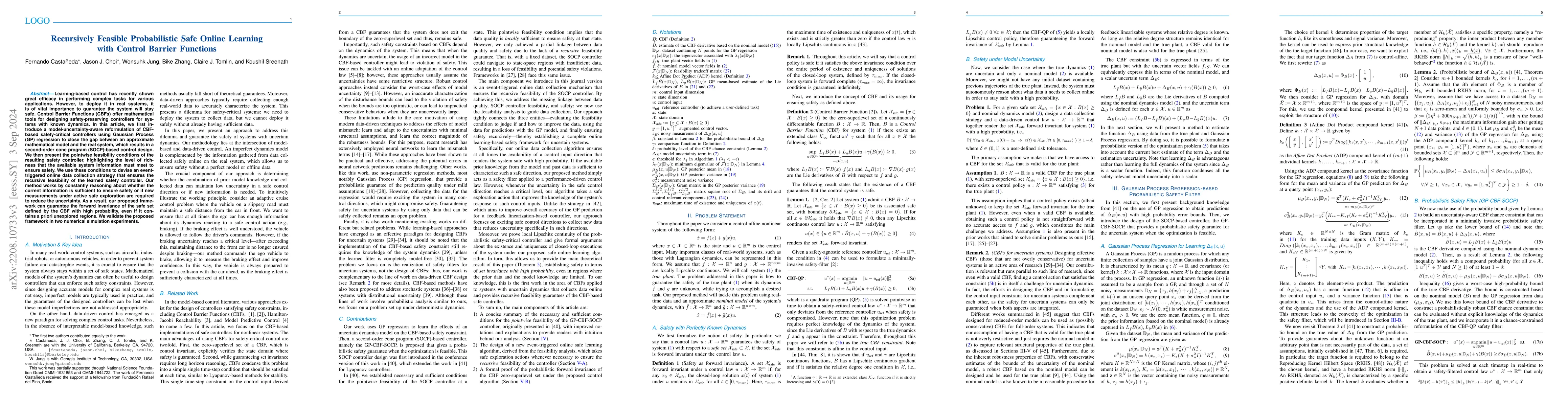 Thumbnail for Recursively Feasible Probabilistic Safe Online Learning with Control
  Barrier Functions