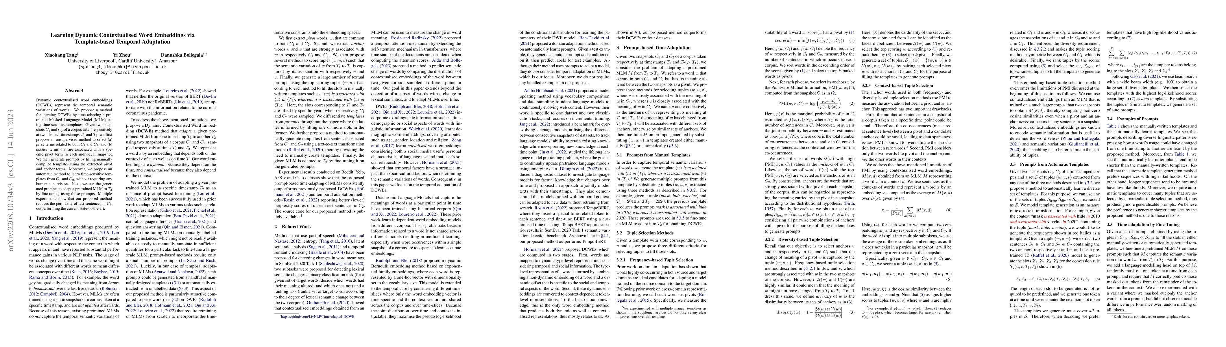 Thumbnail for Learning Dynamic Contextualised Word Embeddings via Template-based
  Temporal Adaptation