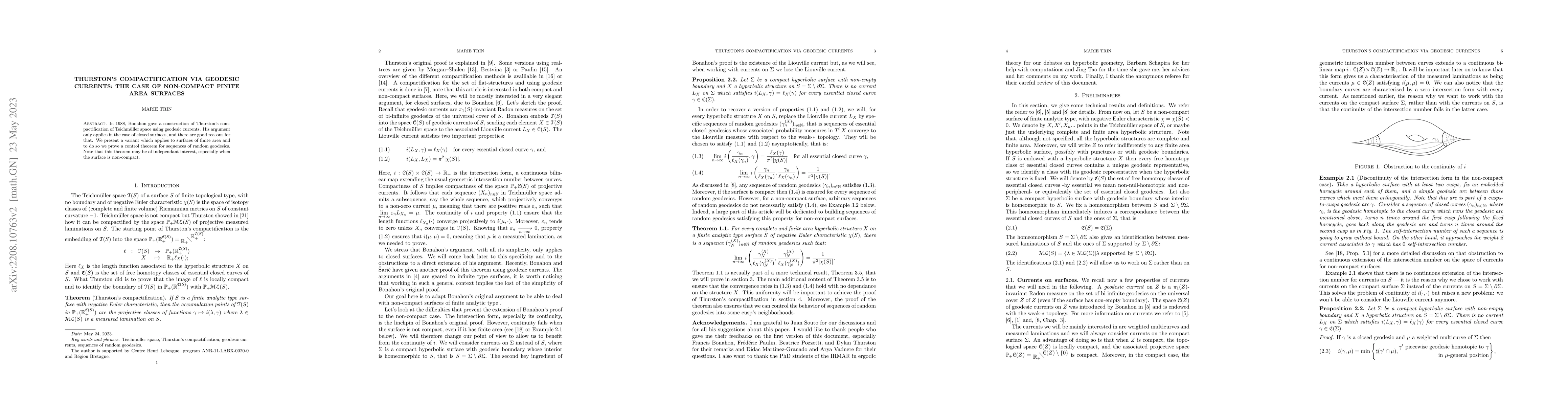 Thumbnail for Thurston's compactification via geodesic currents: The case of
  non-compact finite area surfaces