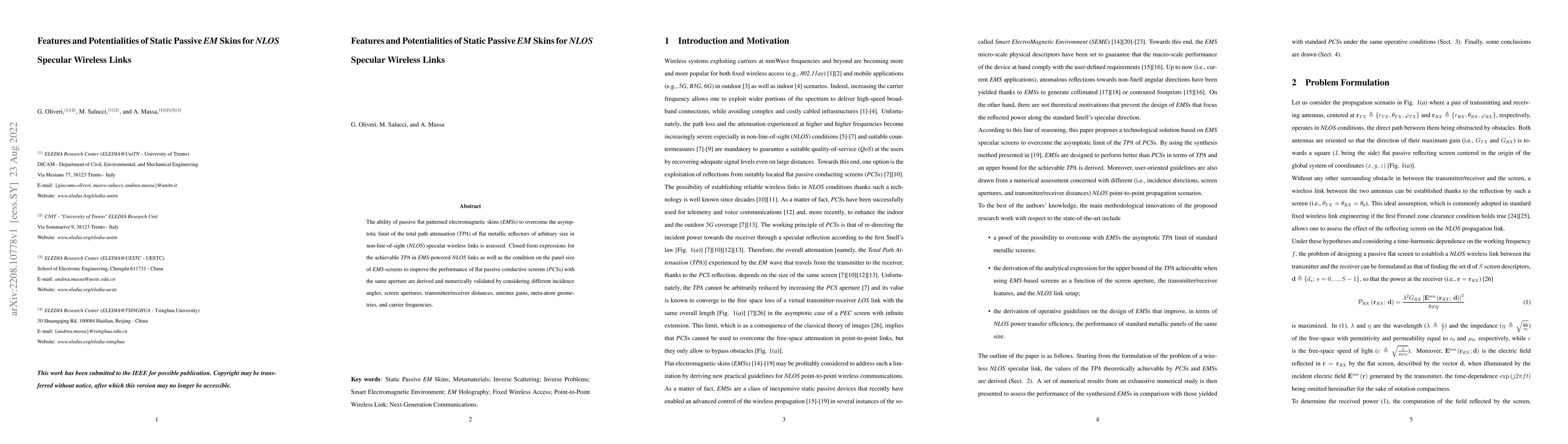 Thumbnail for Features and Potentialities of Static Passive EM Skins for NLOS Specular
  Wireless Links