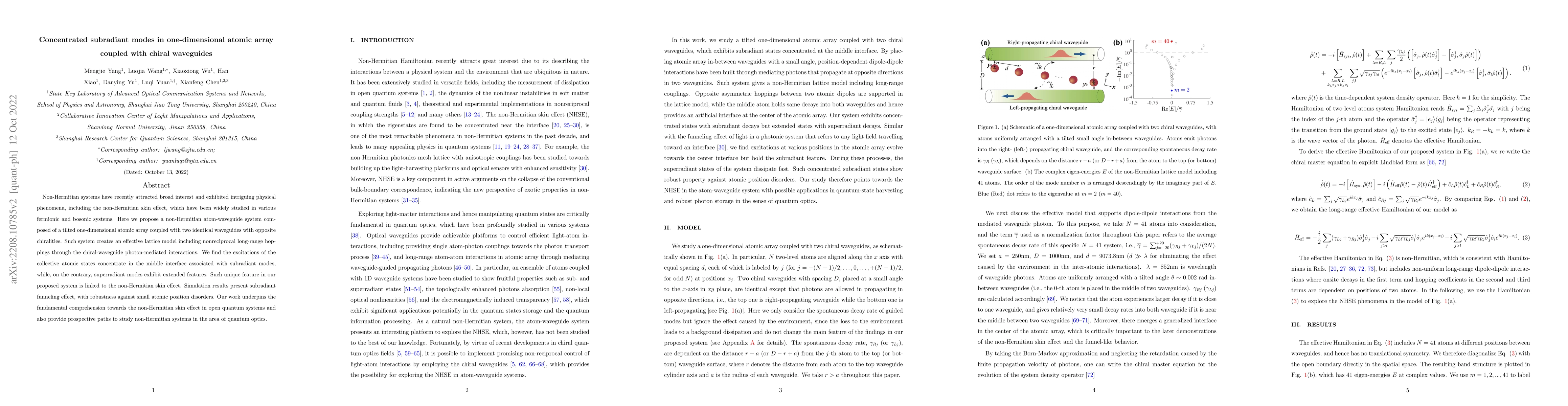 Thumbnail for Concentrated subradiant modes in one-dimensional atomic array coupled
  with chiral waveguides