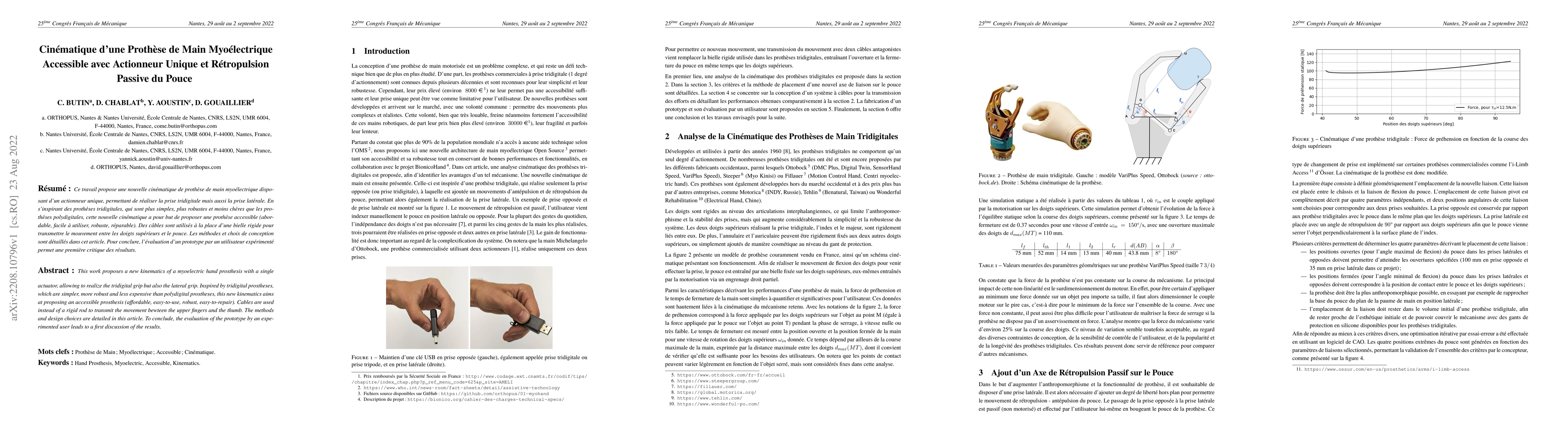 Thumbnail for Cin{\'e}matique d'une Proth{\`e}se de Main Myo{\'e}lectrique Accessible
  avec Actionneur Unique et R{\'e}tropulsion Passive du Pouce
