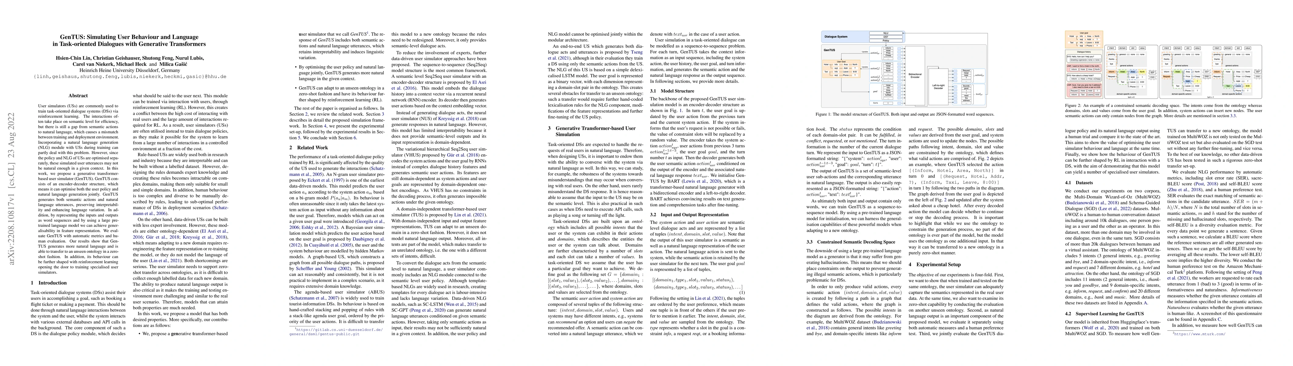 Thumbnail for GenTUS: Simulating User Behaviour and Language in Task-oriented
  Dialogues with Generative Transformers