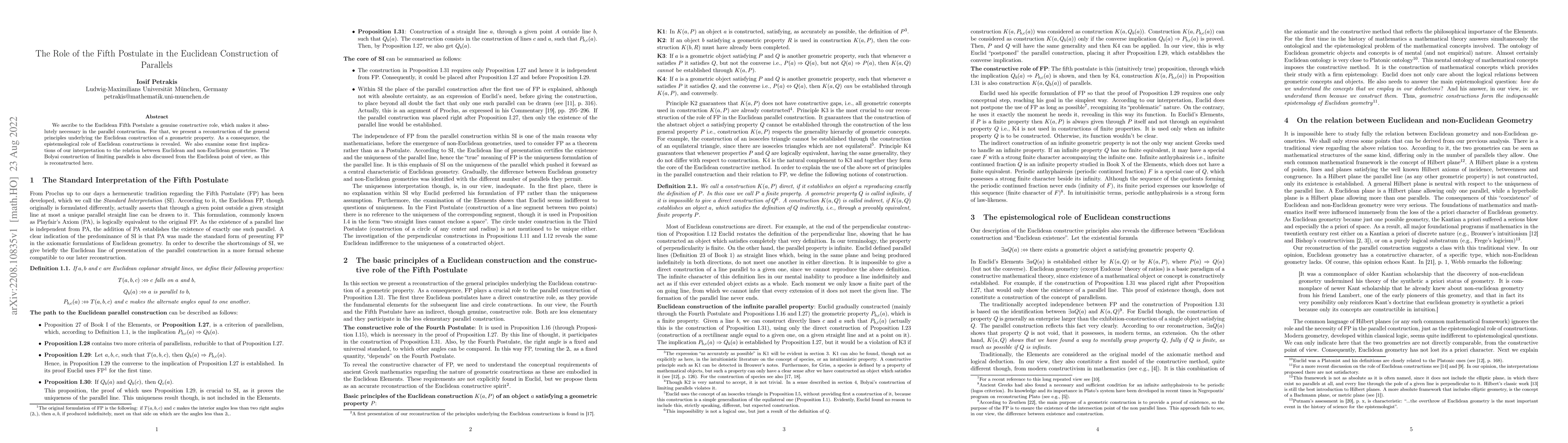 Thumbnail for The Role of the Fifth Postulate in the Euclidean Construction of
  Parallels