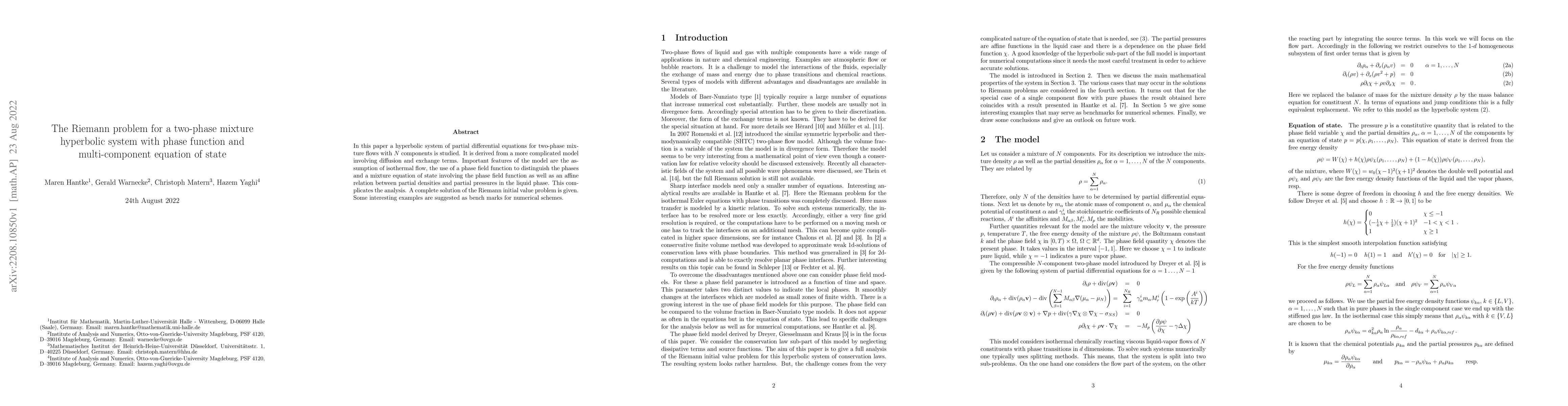 Thumbnail for The Riemann problem for a two-phase mixture hyperbolic system with phase
  function and multi-component equation of state