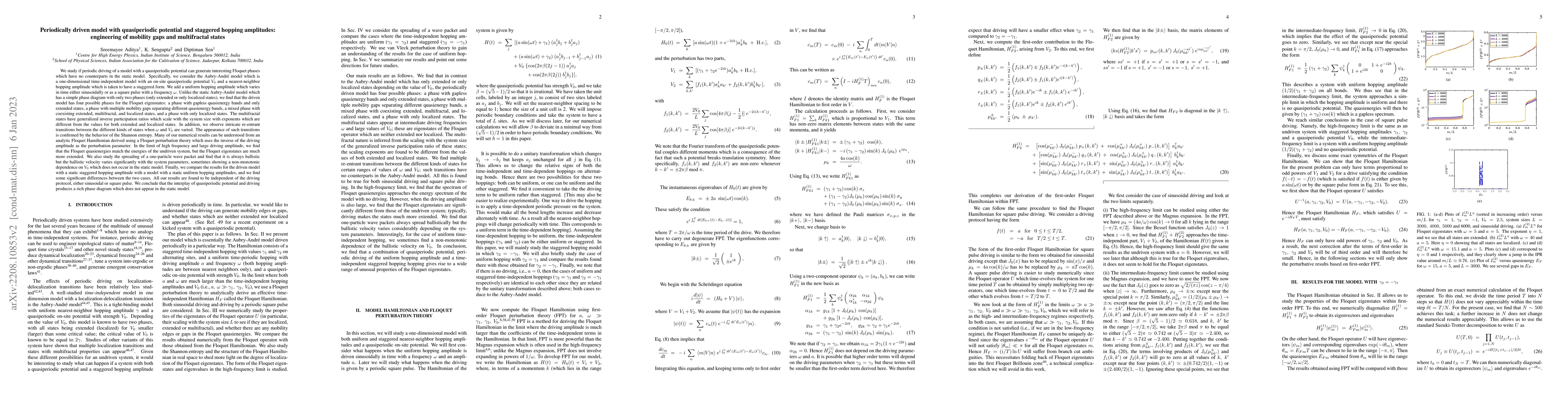 Thumbnail for Periodically driven model with quasiperiodic potential and staggered
  hopping amplitudes: engineering of mobility gaps and multifractal states