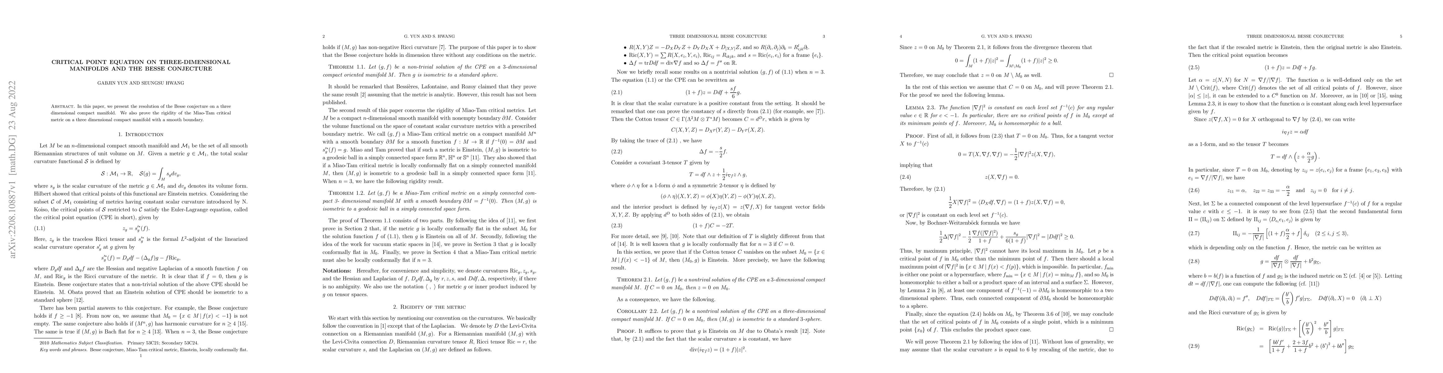 Thumbnail for Critical Point Equation on three-dimensional manifolds and the Besse
  Conjecture