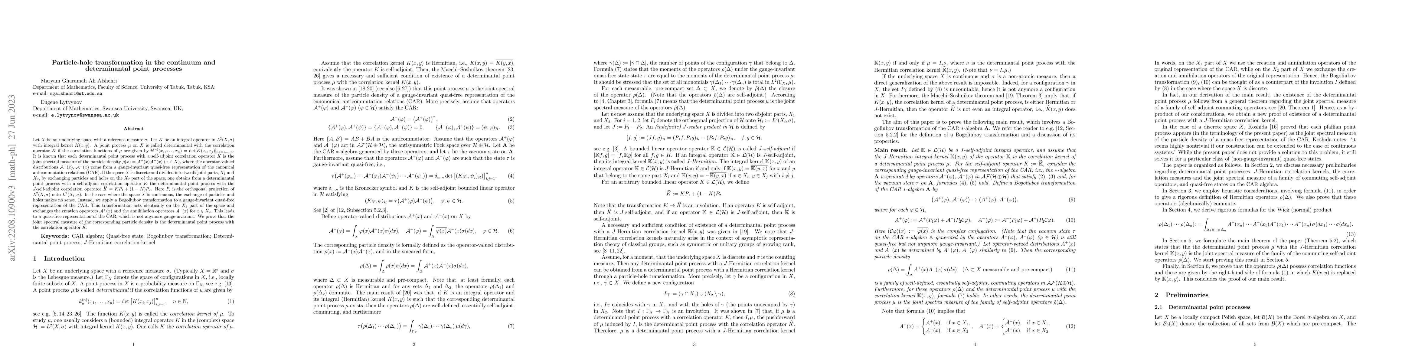 Thumbnail for Particle-hole transformation in the continuum and determinantal point
  processes