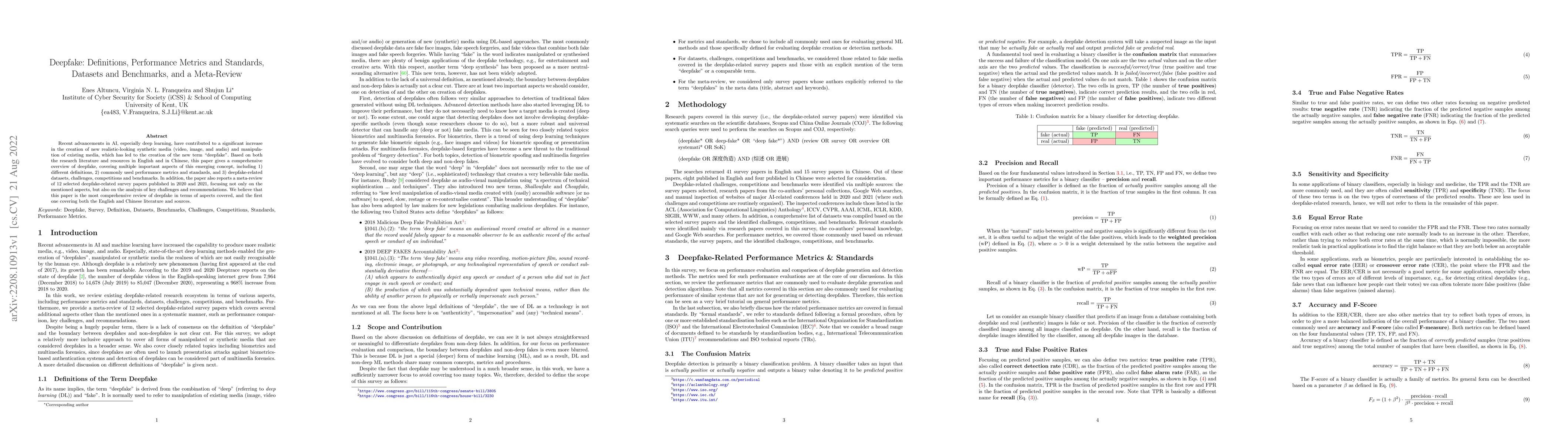 Thumbnail for Deepfake: Definitions, Performance Metrics and Standards, Datasets and
  Benchmarks, and a Meta-Review