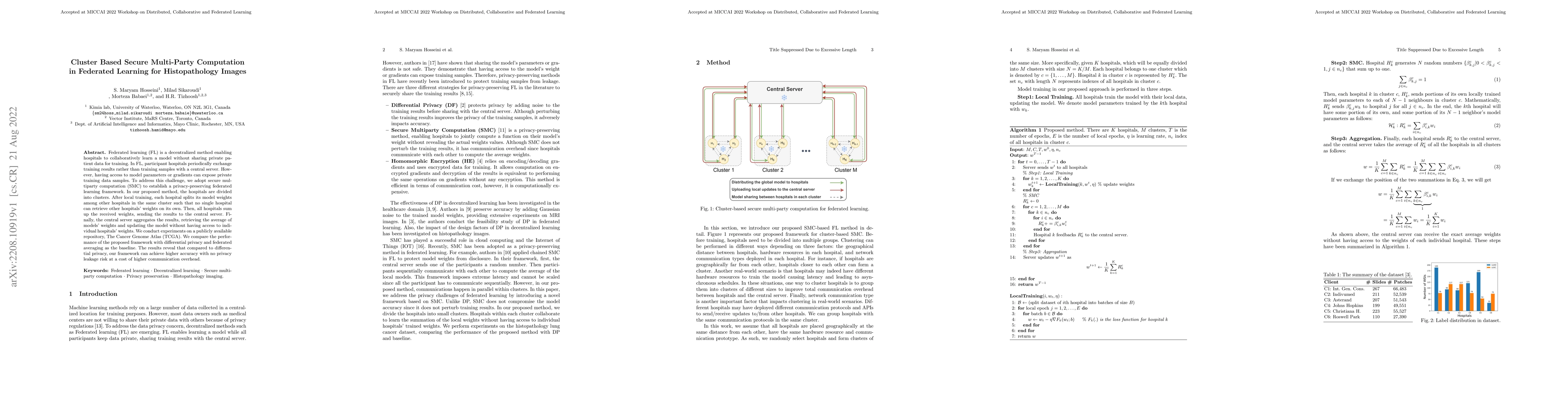 Thumbnail for Cluster Based Secure Multi-Party Computation in Federated Learning for
  Histopathology Images