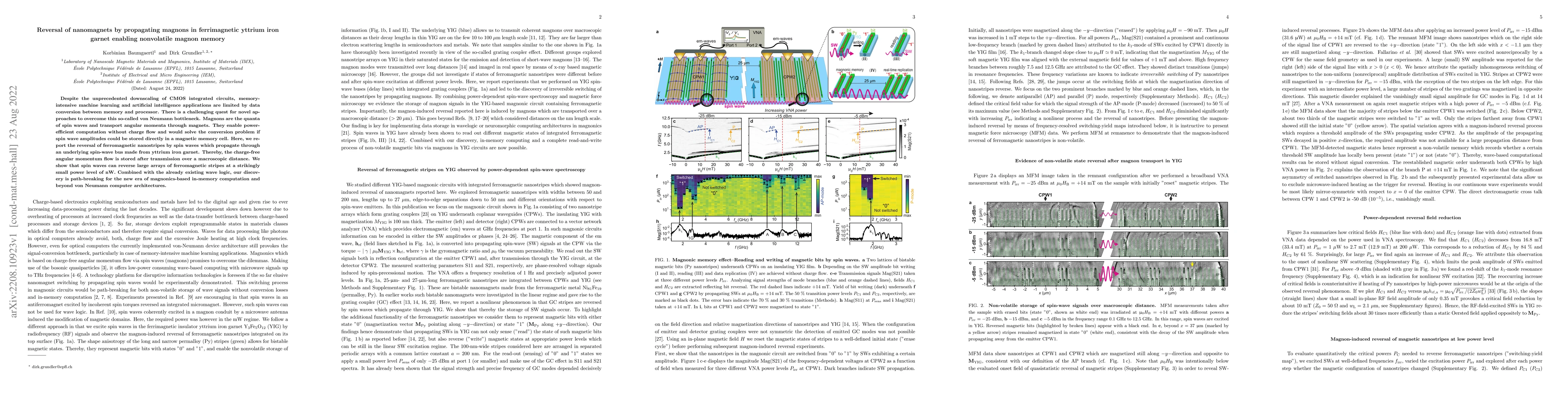 Thumbnail for Reversal of nanomagnets by propagating magnons in ferrimagnetic yttrium
  iron garnet enabling nonvolatile magnon memory