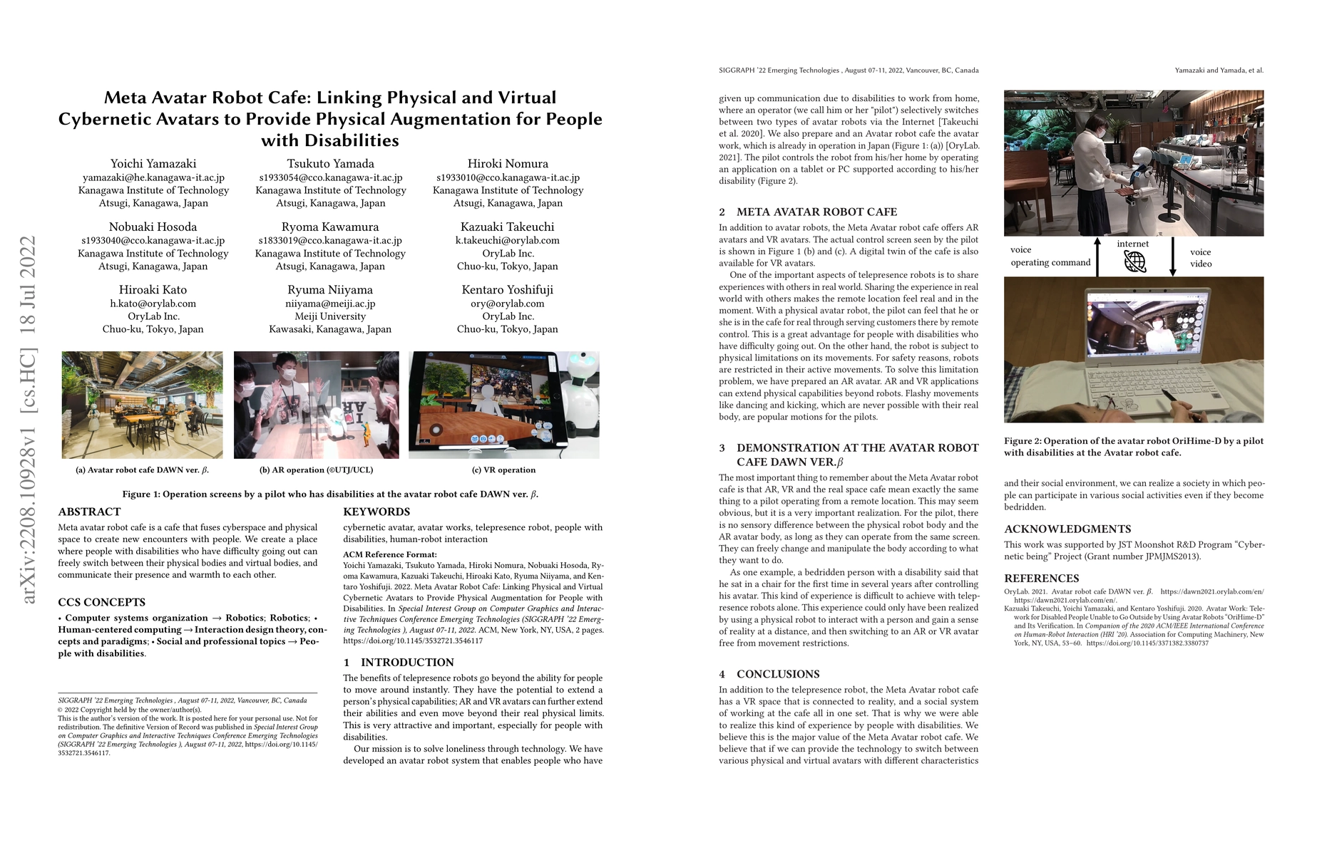 Thumbnail for Meta Avatar Robot Cafe: Linking Physical and Virtual Cybernetic Avatars
  to Provide Physical Augmentation for People with Disabilities