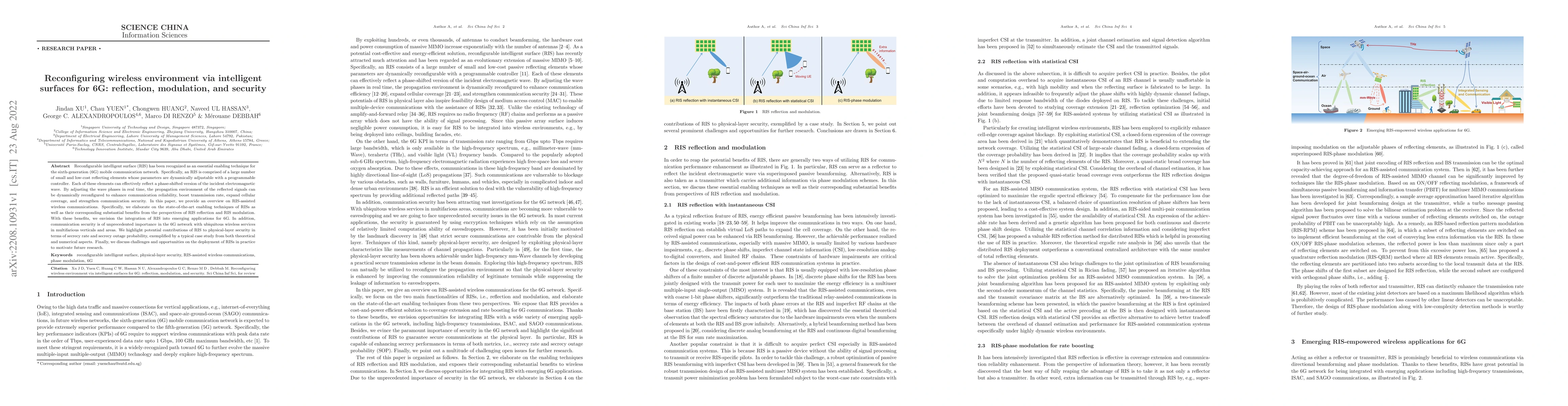 Thumbnail for Reconfiguring Wireless Environment via Intelligent Surfaces for 6G:
  Reflection, Modulation, and Security
