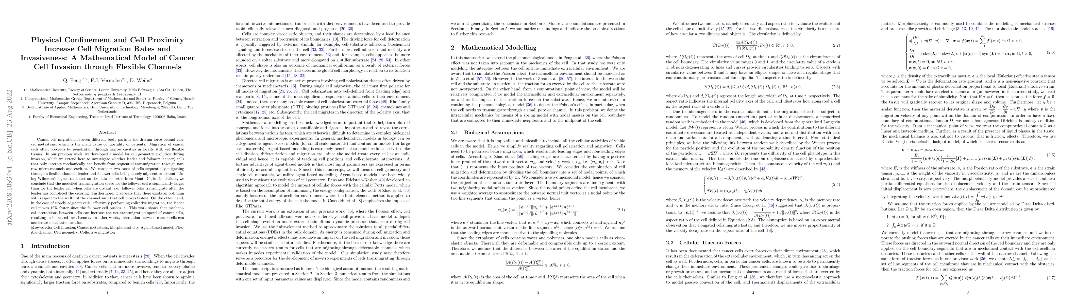Thumbnail for Physical Confinement and Cell Proximity Increase Cell Migration Rates
  and Invasiveness: A Mathematical Model of Cancer Cell Invasion through
  Flexible Channels