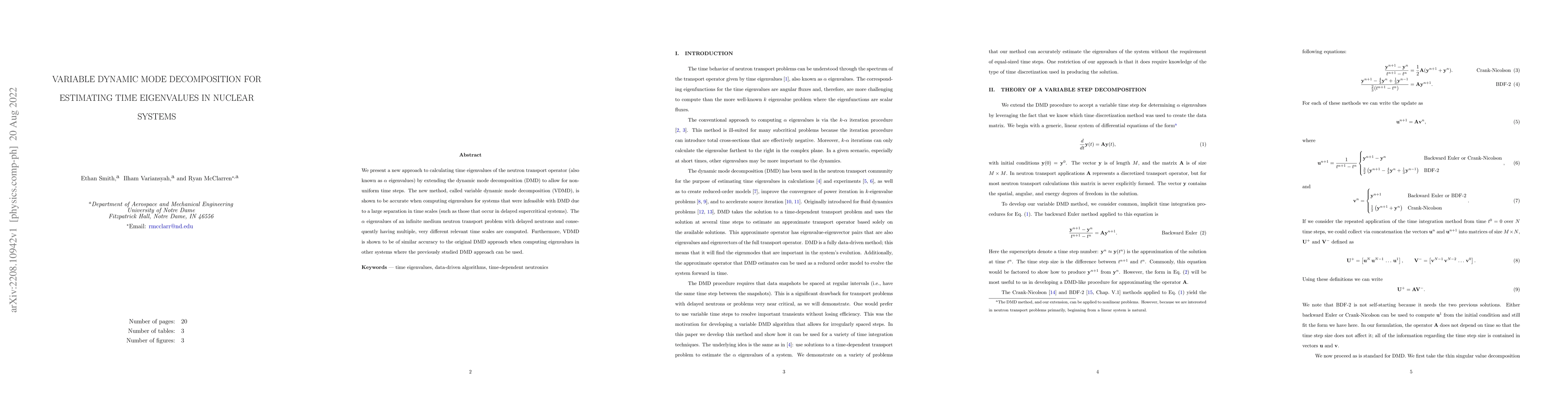 Thumbnail for Variable Dynamic Mode Decomposition for Estimating Time Eigenvalues in
  Nuclear Systems