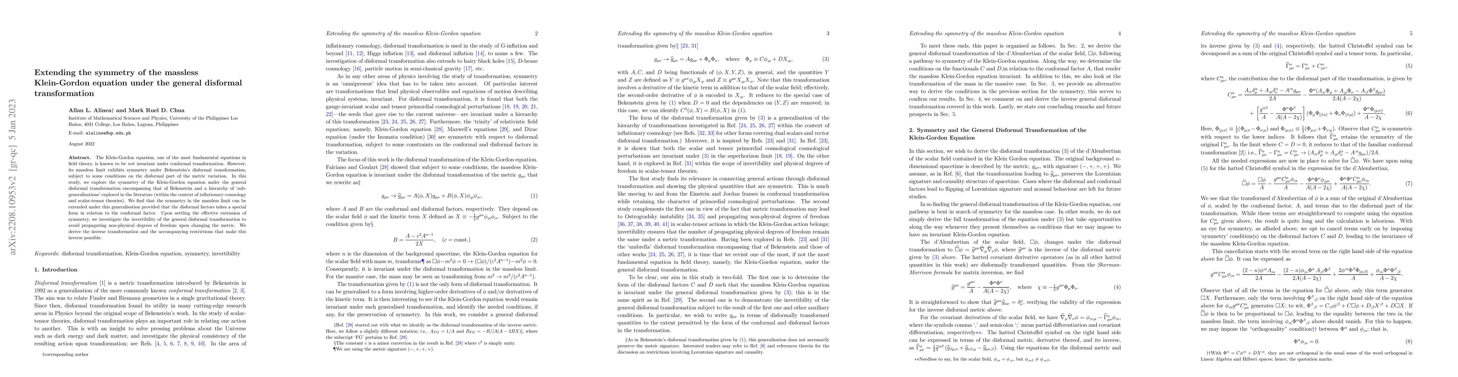 Thumbnail for Extending the symmetry of the massless Klein-Gordon equation under the
  general disformal transformation