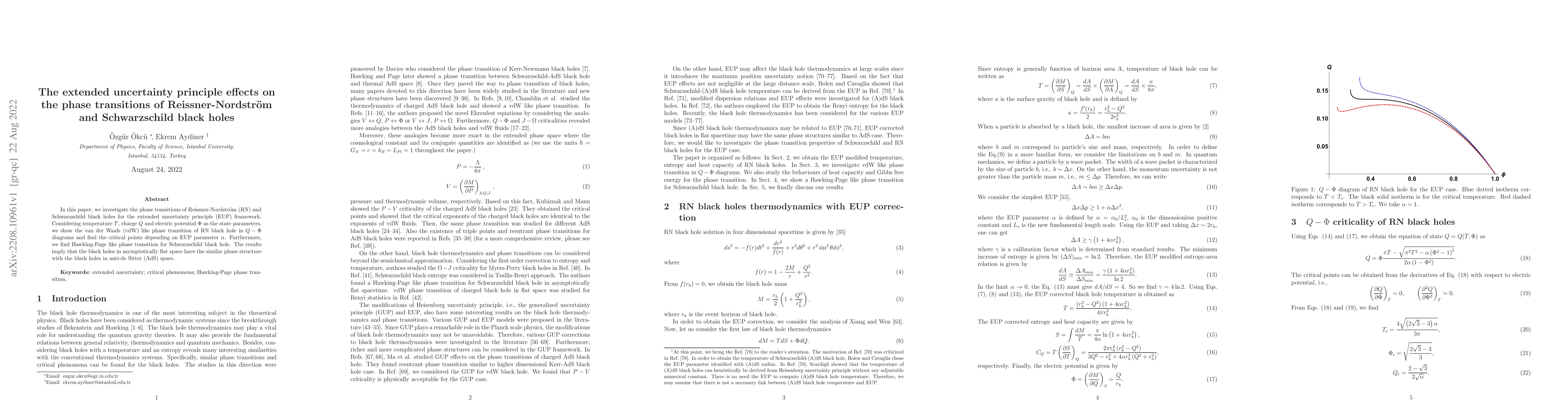 Thumbnail for The extended uncertainty principle effects on the phase transitions of
  Reissner-Nordstr\"{o}m and Schwarzschild black holes