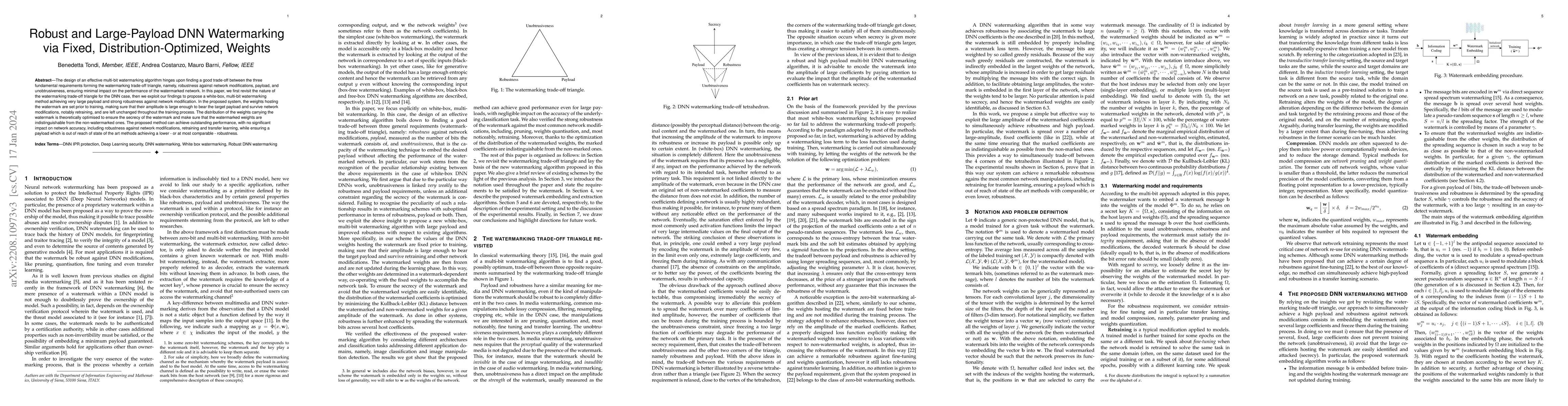 Thumbnail for Robust and Large-Payload DNN Watermarking via Fixed,
  Distribution-Optimized, Weights