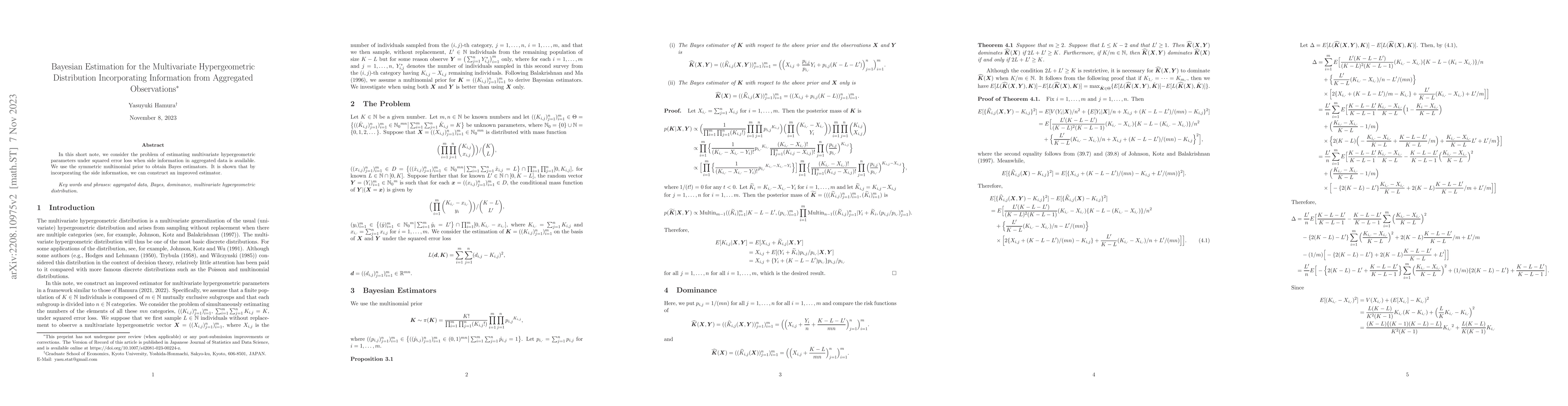Thumbnail for Bayesian Estimation for the Multivariate Hypergeometric Distribution
  Incorporating Information from Aggregated Observations