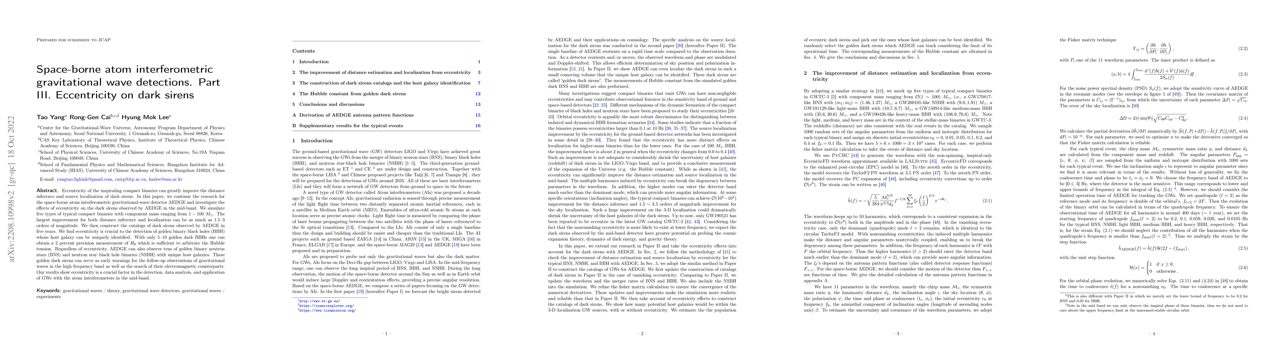 Thumbnail for Space-borne atom interferometric gravitational wave detections. Part
  III. Eccentricity on dark sirens