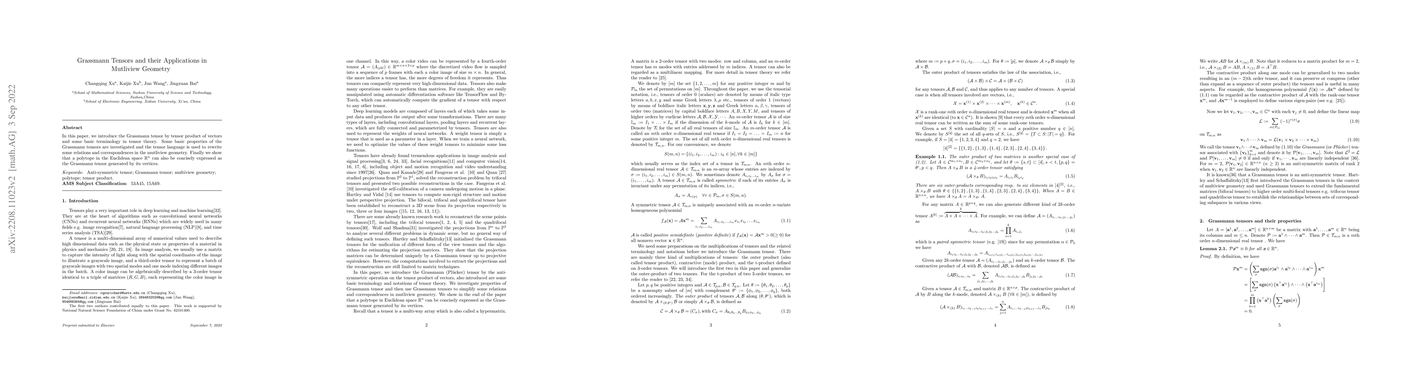 Thumbnail for Grassmann Tensors and their applications in geometry