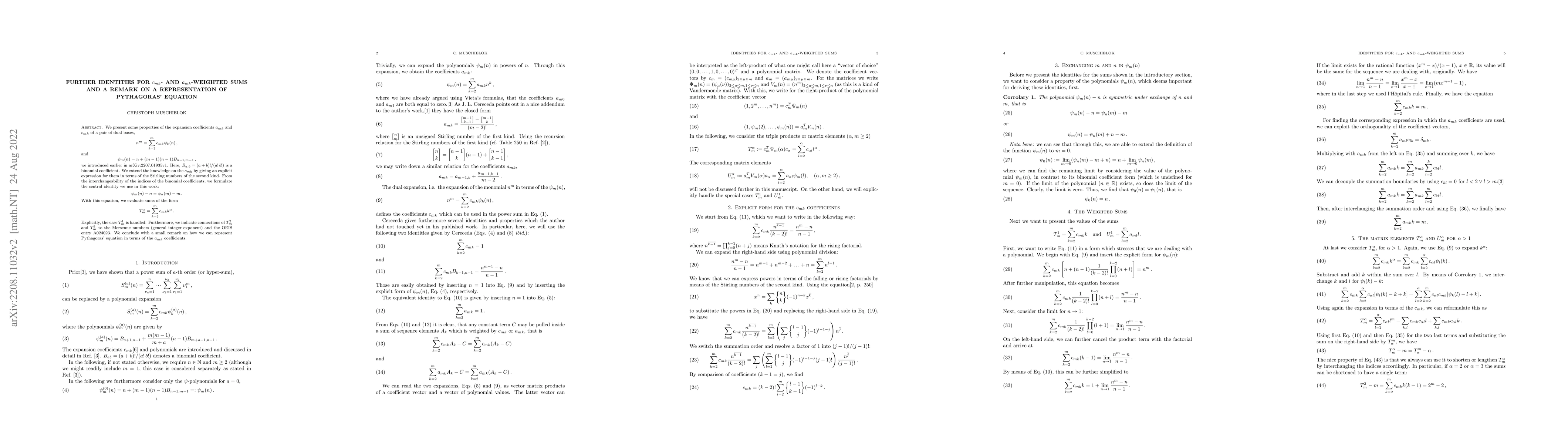 Thumbnail for Further Identities for $c_{mk}$- and $a_{mk}$-Weighted Sums and a Remark
  on a Representation of Pythagoras' Equation