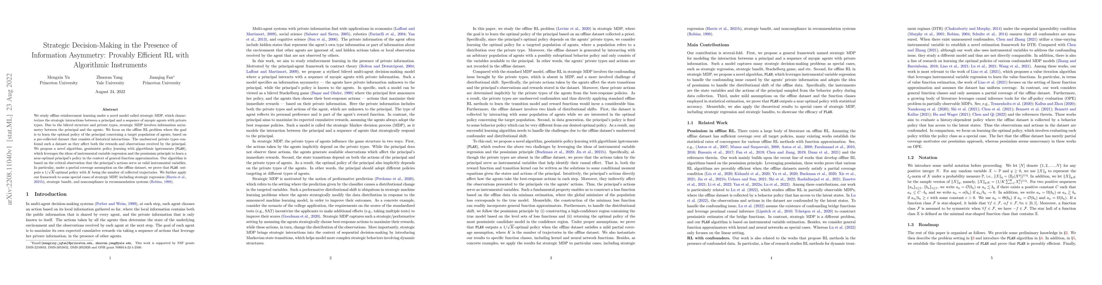 Thumbnail for Strategic Decision-Making in the Presence of Information Asymmetry:
  Provably Efficient RL with Algorithmic Instruments