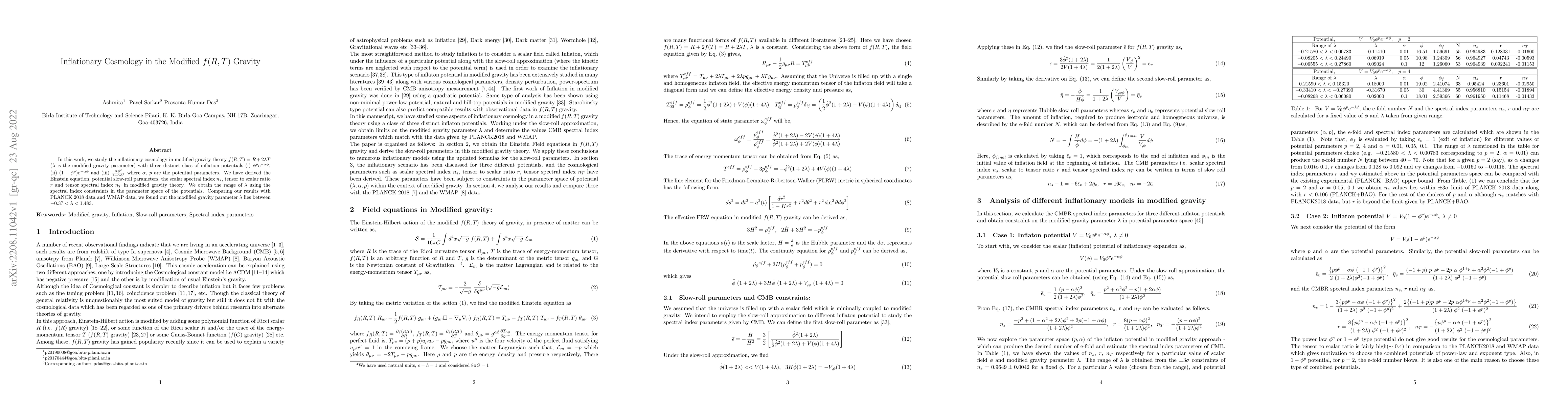 Thumbnail for Inflationary Cosmology in the Modified $f(R, T)$ Gravity