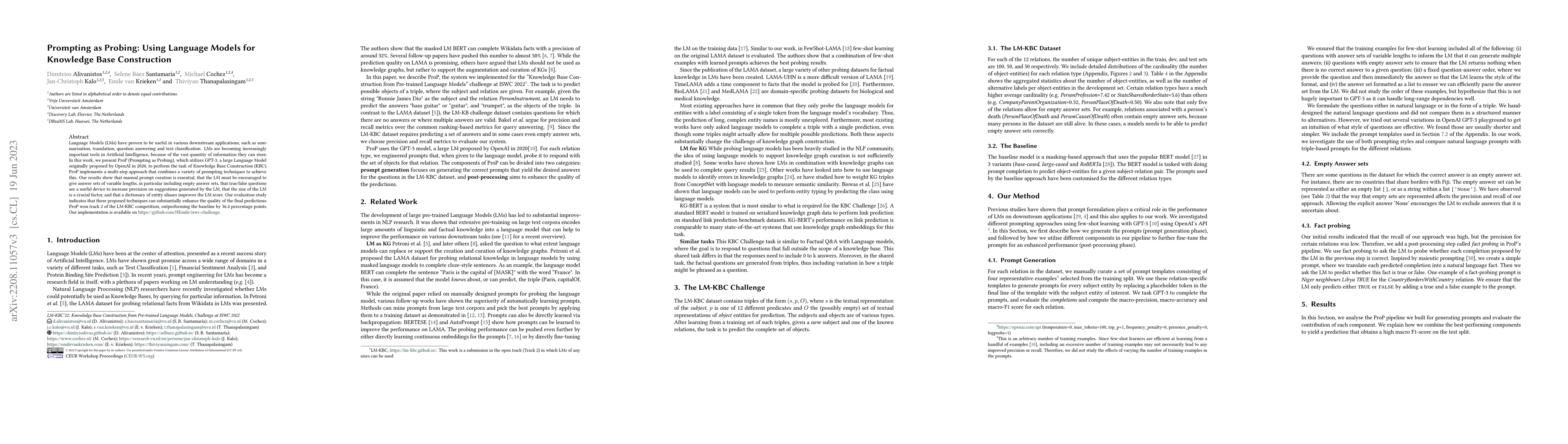 Thumbnail for Prompting as Probing: Using Language Models for Knowledge Base
  Construction