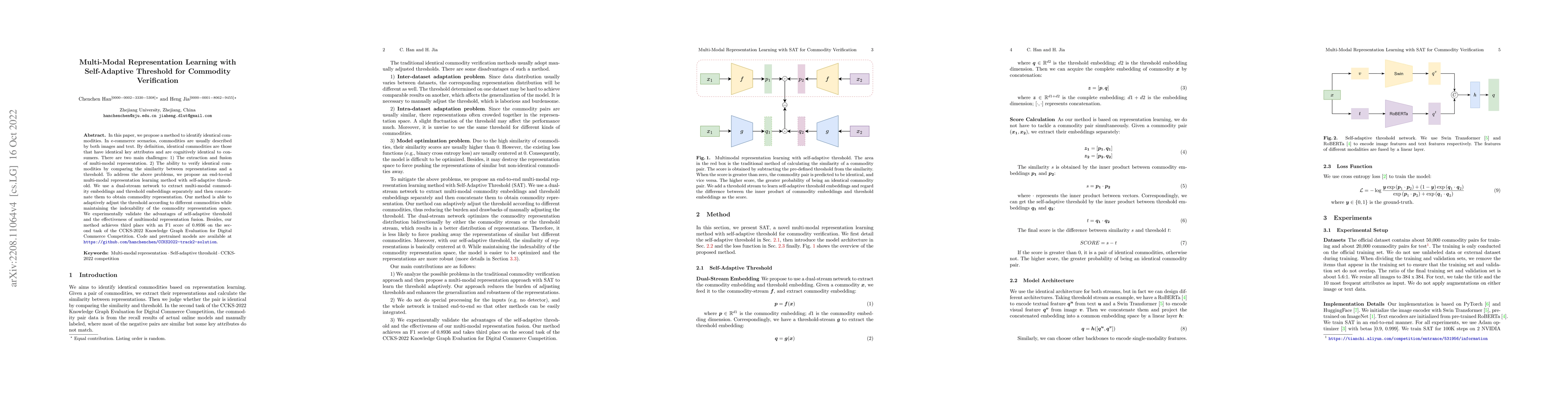Thumbnail for Multi-Modal Representation Learning with Self-Adaptive Threshold for
  Commodity Verification