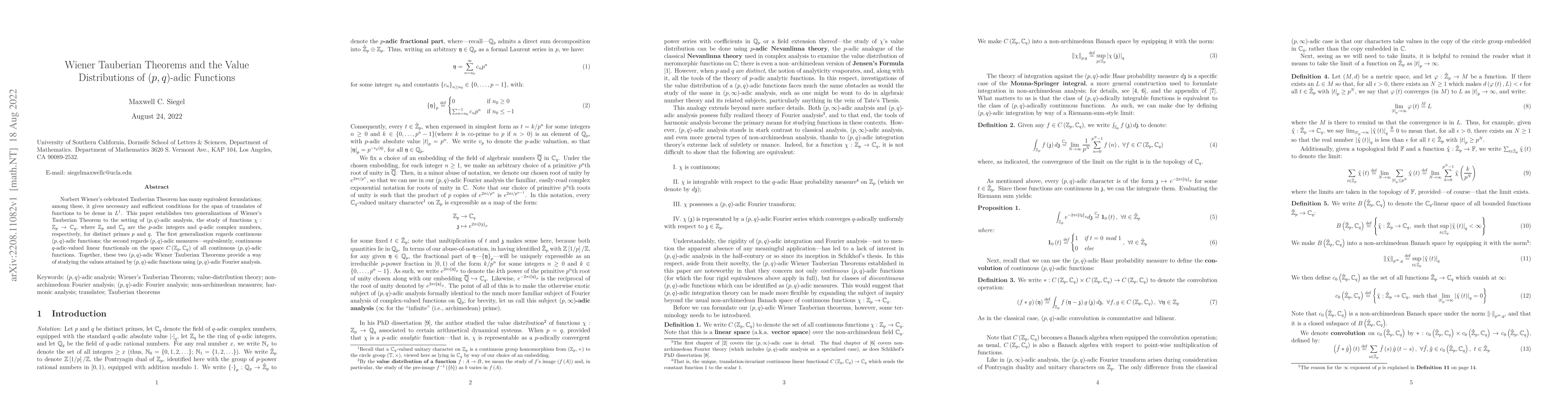 Thumbnail for Wiener Tauberian Theorems and the Value Distributions of
  $\left(p,q\right)$-adic Functions